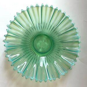 Mid Century Modern vase pleated hand blown glass mint green ombré 11 inch round